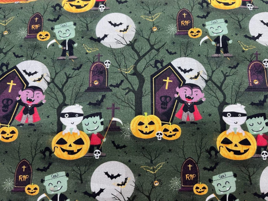 Tissu coton Halloween petits monstres et citrouilles