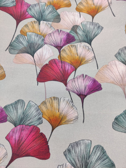 Tissu coton enduit fleurs ginkgo multicolores sur fond gris