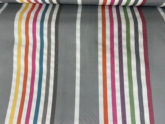 Tissu toile extérieure rayures multicolores fond gris