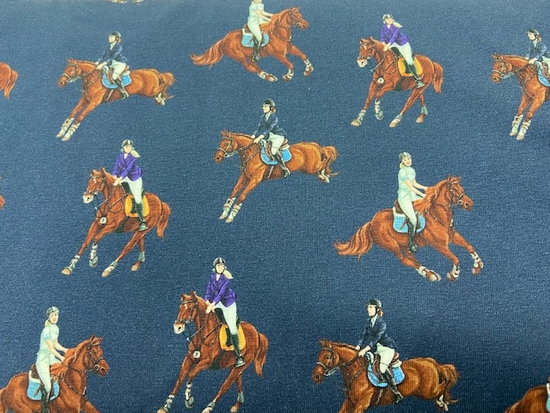Tissu jersey coton équitation fond bleu