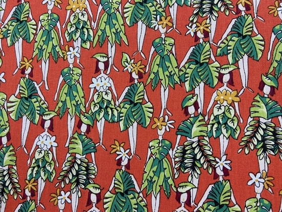 Tissu coton tropical orange et vert avec personnages
