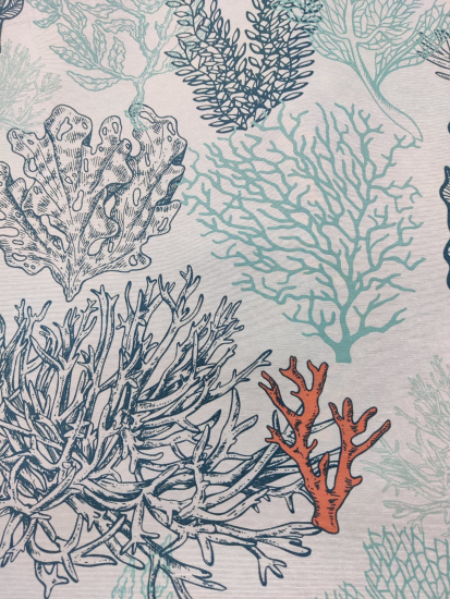 Tissu coton enduit coraux bleu et orange