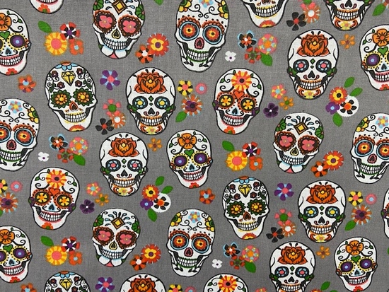 Tissu coton tête de morts mexicaines fond gris