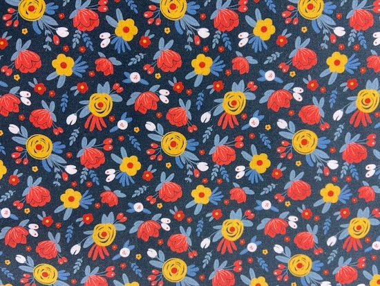Tissu coton bio fleurs rouge fond bleu